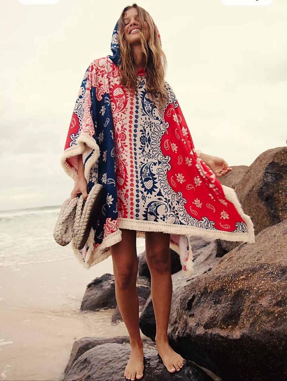 New!Agua Bendita Hooded Bandana-Print Towel Poncho in Red, Navy & Cream